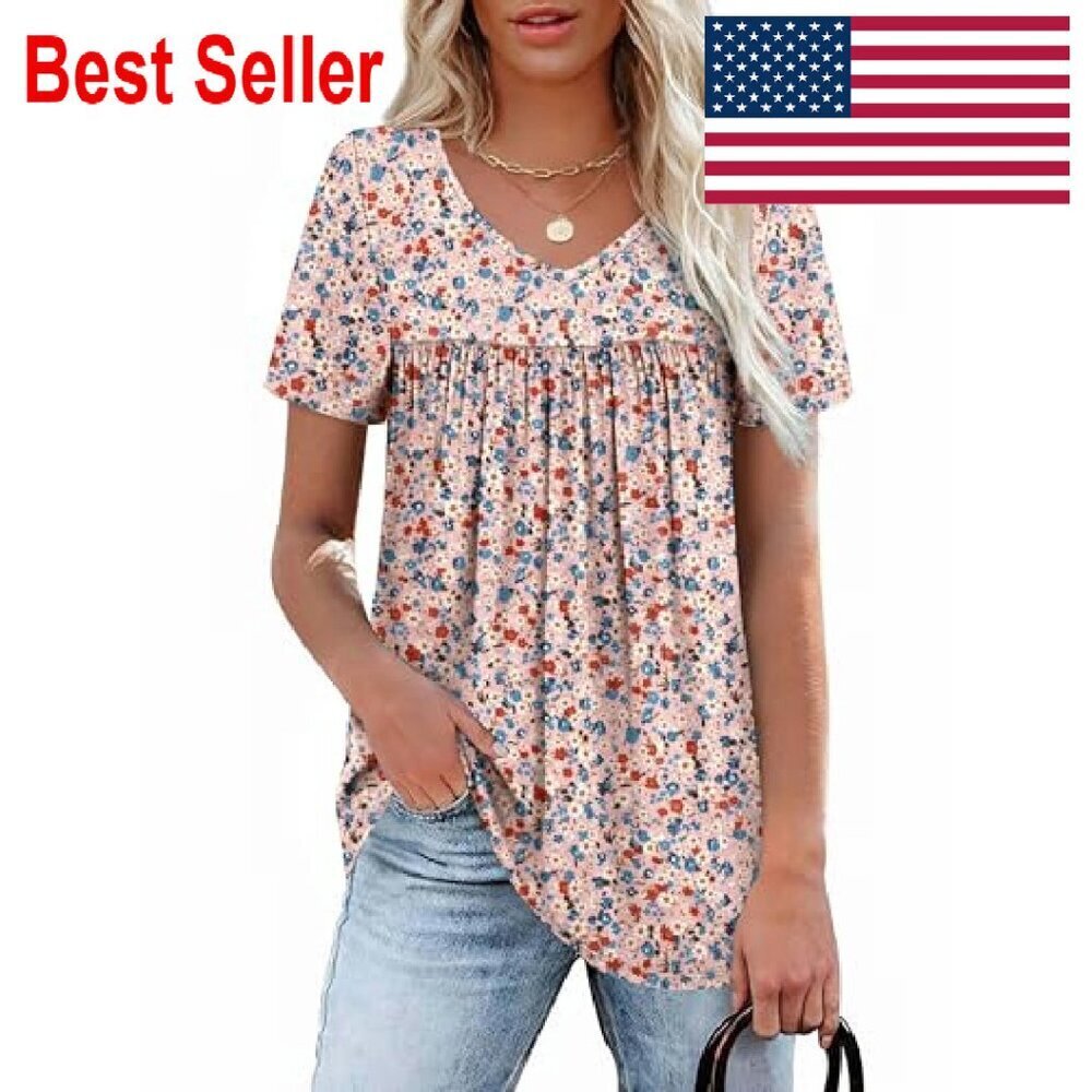 V-Neck Pleated Blouse Elegant Casual Summer Tops Lightweight Flowy Chic - Picture 2 of 8